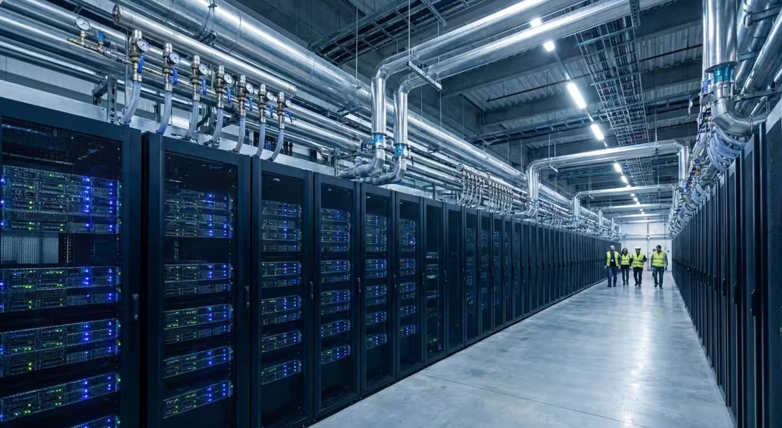 Engineers in safety vests walking down a long aisle of server racks beneath overhead cooling pipes